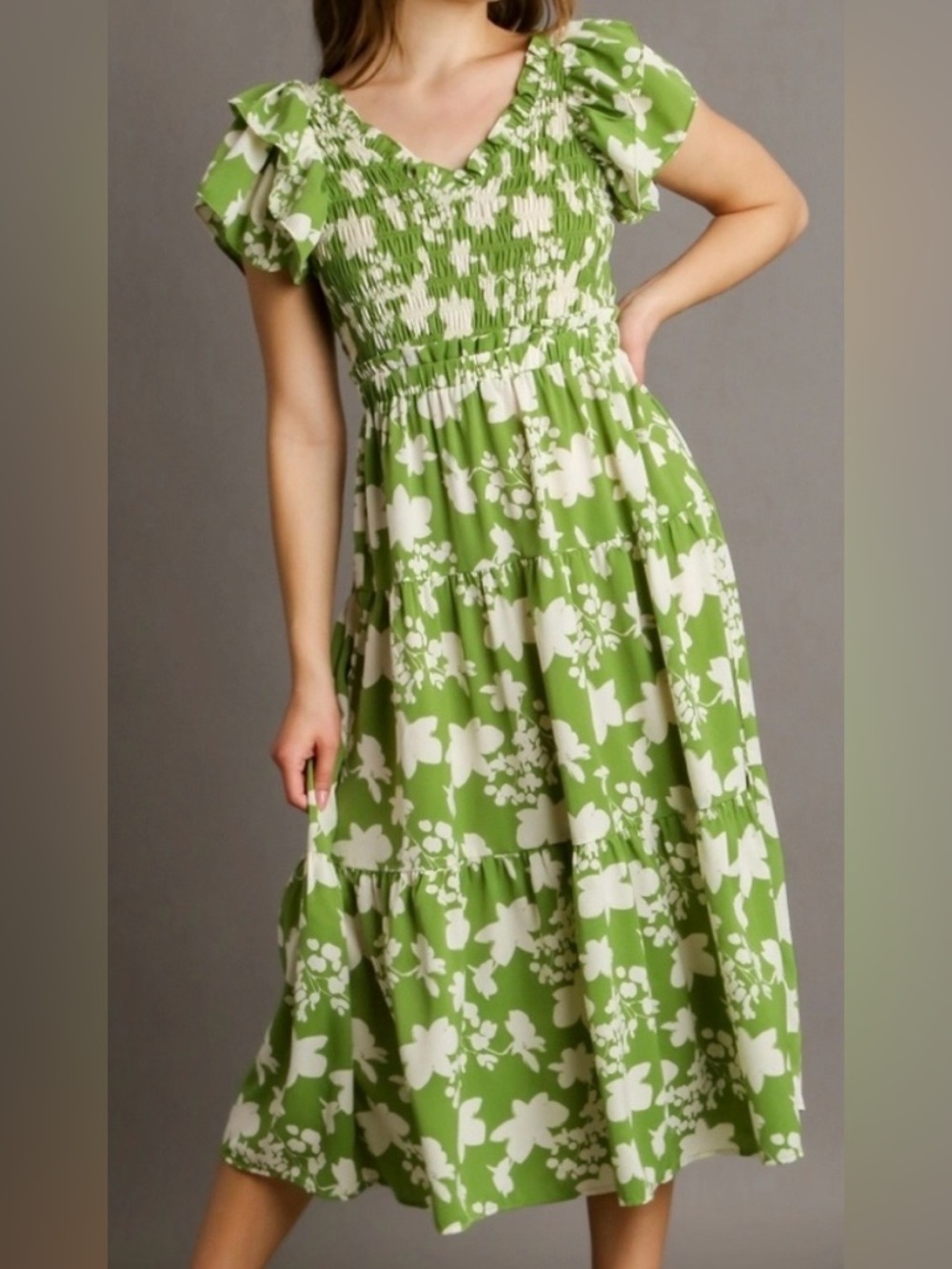 Green Floral Smocked Midi Dress